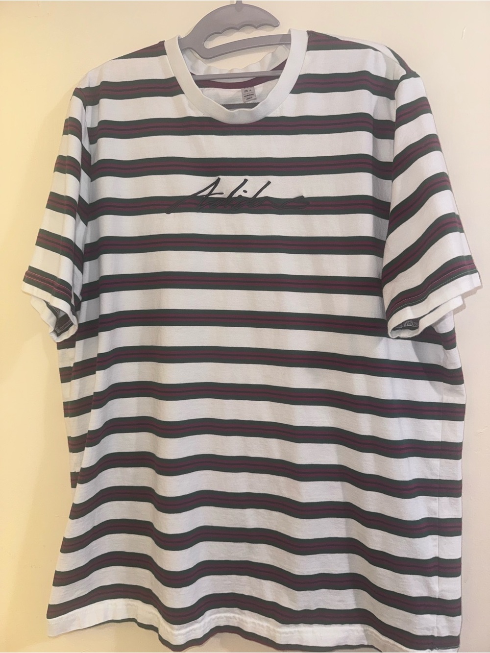 adidas White Tee with Black & Burgundy Stripes